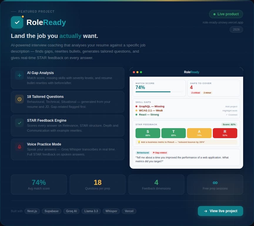 RoleReady AI interview coaching web app banner